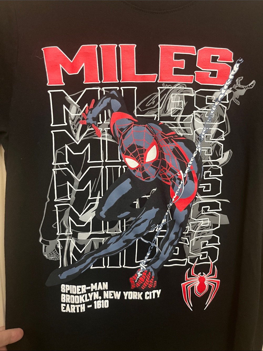 Spiderman Miles Morales Black Tee with Red and White Accents